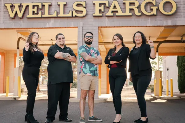 Wells Fargo Workers United members outside branch