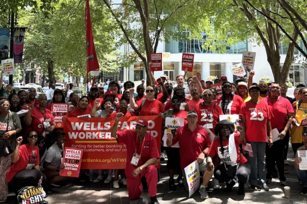 Wells Fargo workers rallied at the bank’s offices in Charlotte, North Carolina on July 15, joined by members of other unions. Workers at 29 Wells Fargo bank branches have voted to join the union since late 2023. Photo: CWA
