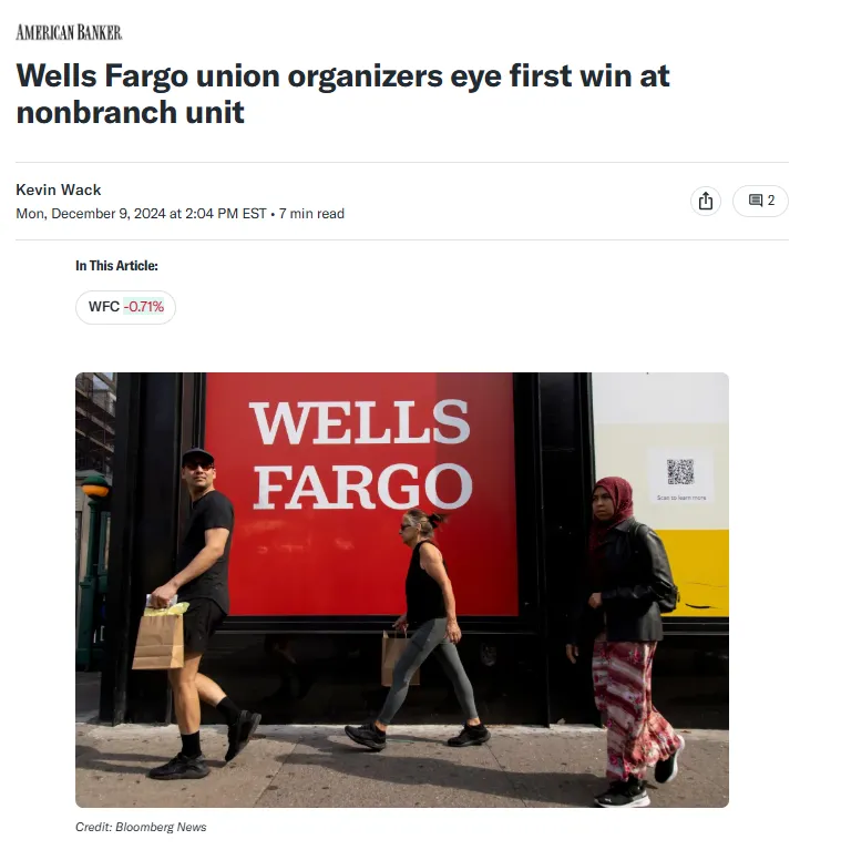 Wells Fargo union organizers eye first win at nonbranch unit