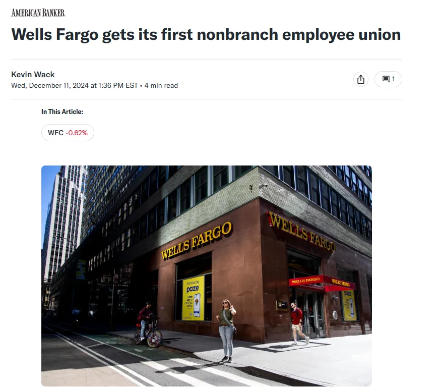 Wells Fargo gets its first nonbranch employee union