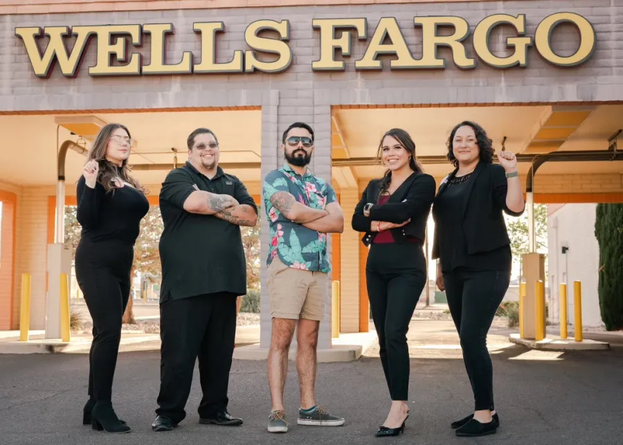 Wells Fargo Workers United members outside branch