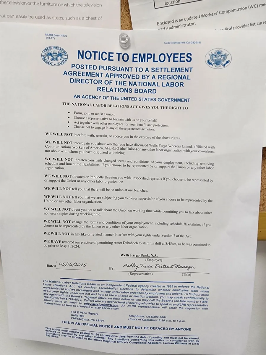 Havertown Branch Legal Notice Wells Fargo Workers United