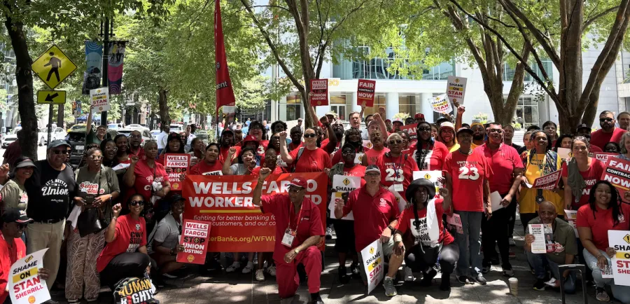 Wells Fargo workers rallied at the bank’s offices in Charlotte, North Carolina on July 15, joined by members of other unions. Workers at 29 Wells Fargo bank branches have voted to join the union since late 2023. Photo: CWA