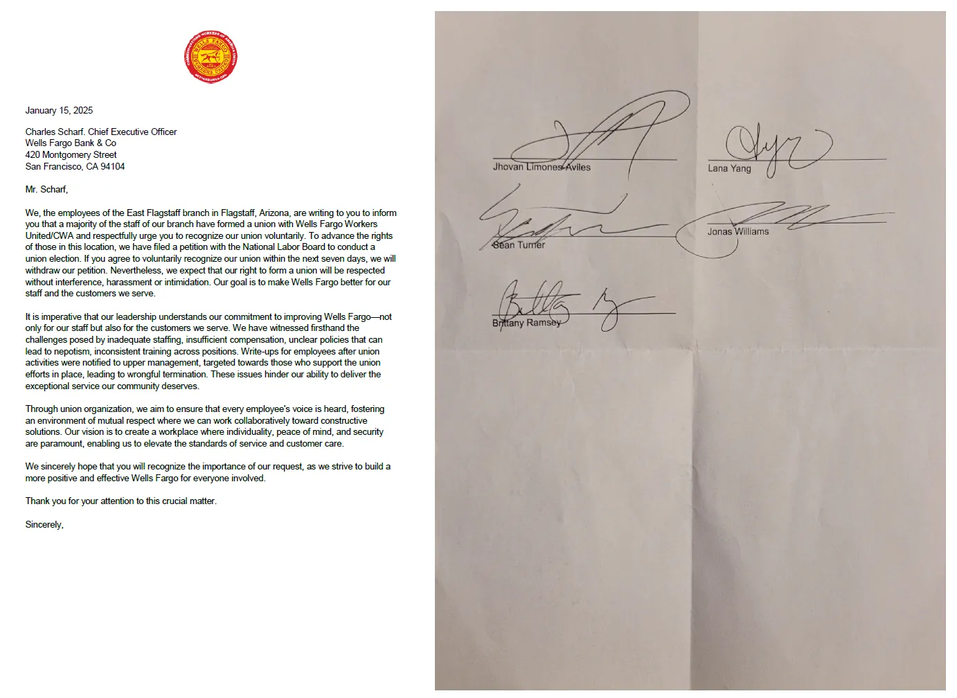 Wells Fargo Workers United Letter