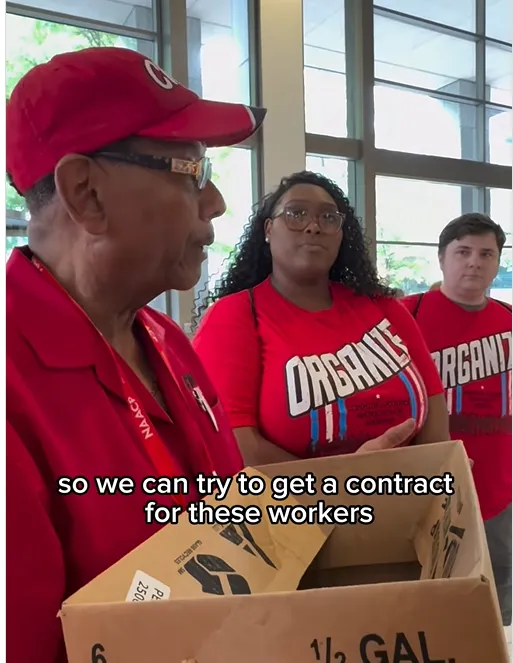 CWA President Claude Cummings and workers deliver petition to Wells Fargo management