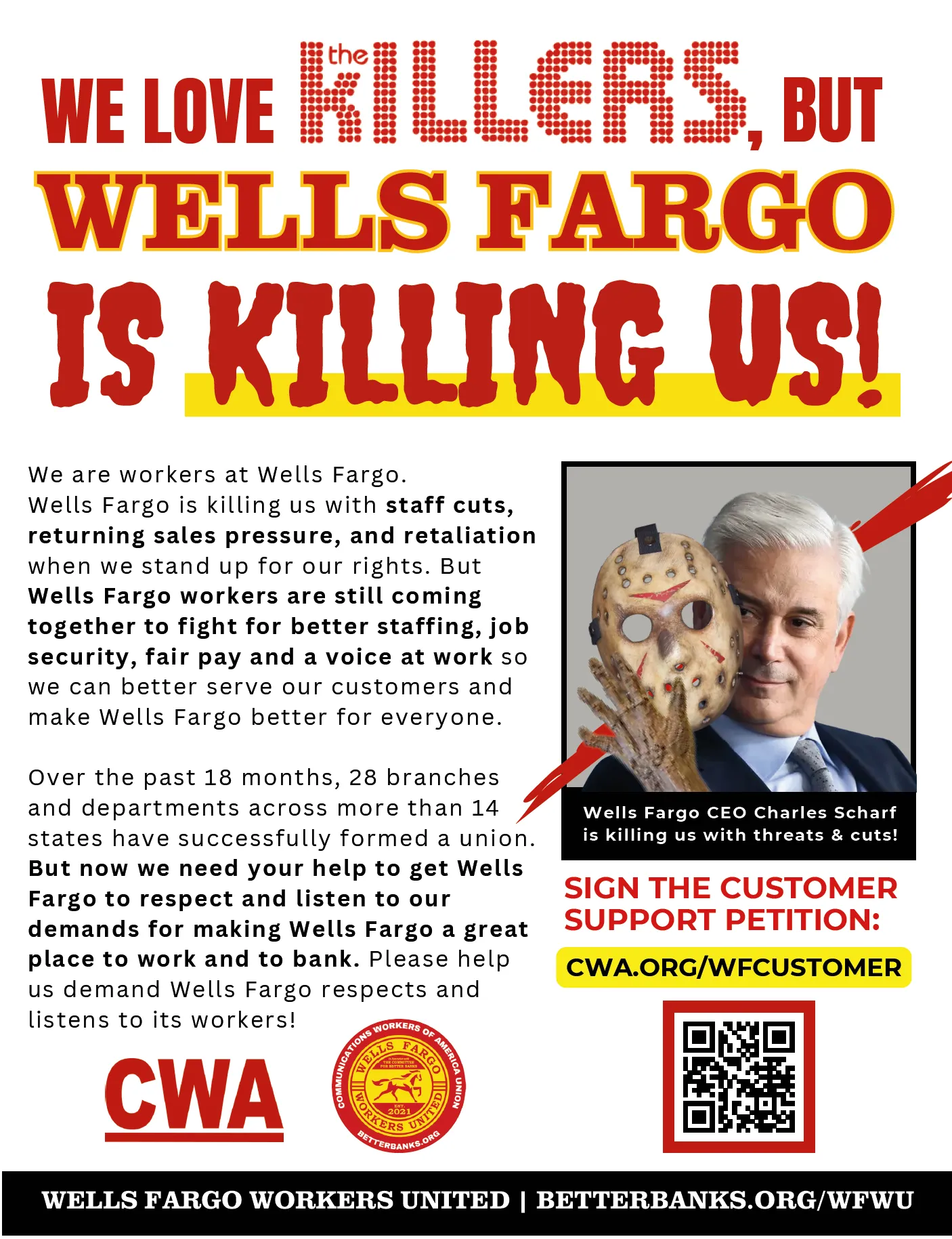 Wells Fargo Workers United Killers action flyer