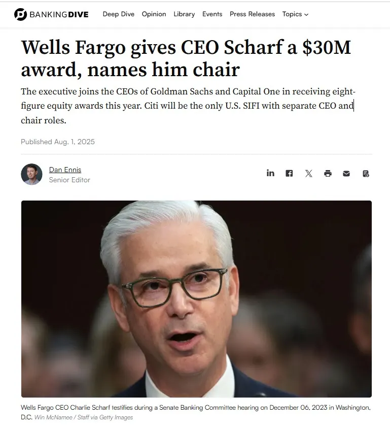 Wells Fargo gives CEO Scharf a $30 Million award, names him chair